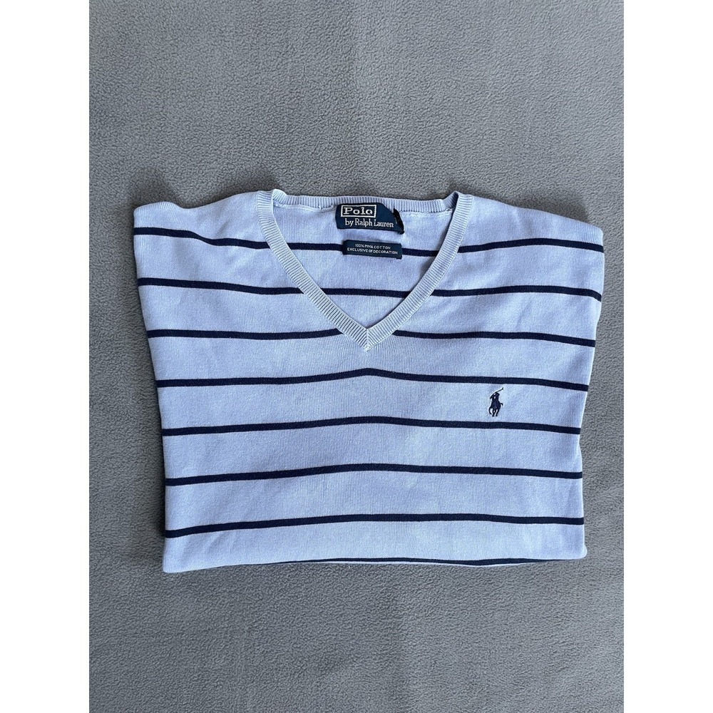 Polo Ralph Lauren Sweater Mens Medium Blue‎ Striped Pima Cotton V Neck Logo Pony